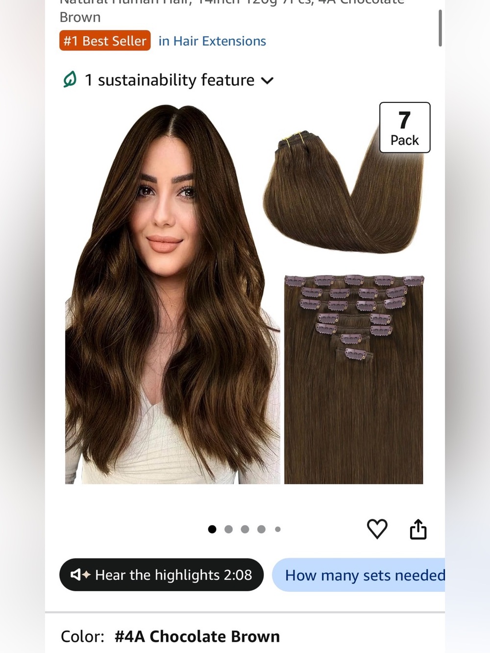 GooGoo Hair Chocolate Brown Clip-In Hair Extensions -color 4A 14in 7 pieces